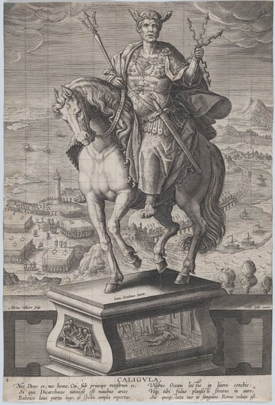Plade 4: rytterstatue af Caligula, set tre fjerdedele til venstre, iført en ..., ca. 1587-89. af Adriaen Collaert