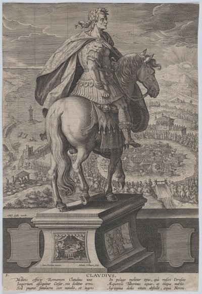 Plade 5: rytterstatue af Claudius, set bagfra, en flådekonkurrence ved ri..., ca. 1587-89. af Adriaen Collaert