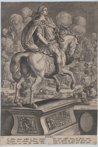 Plade 6: rytterstatue af Nero, set bagfra, Roms store brand i..., ca. 1587-89. af Adriaen Collaert