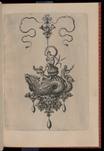 Plade 8, fra Bullarum Inaurium, vedhæng, øreringe osv. Design af den dygtigste natur, del to af Adriaen Collaert