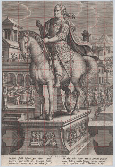 Plade 9: rytterstatue af Vitellius, set tre fjerdedele til venstre, med hans ..., ca. 1587-89. af Adriaen Collaert