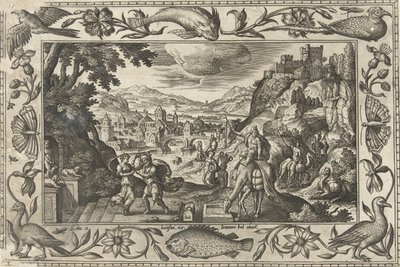 Rebekka og Eliezer ved brønden Landskaber med bibelske, mytologiske scener og jagtscener (serietitel) af Adriaen Collaert