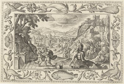 Rebekka og Eliezer ved brønden Landskaber med bibelske, mytologiske scener og jagtscener (serietitel) af Adriaen Collaert