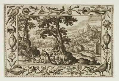 De spottende børn, der blev forbandet af Elias og spist af hunbjørnen, fra Landskaber med scener fra Det Gamle og Det Nye Testamente og Jagtscener af Adriaen Collaert