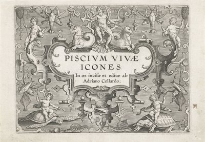 Titeltryk med havdyr som pynt Fiskeri (serietitel) Piscium vivae-ikoner (serietitel) af Adriaen Collaert