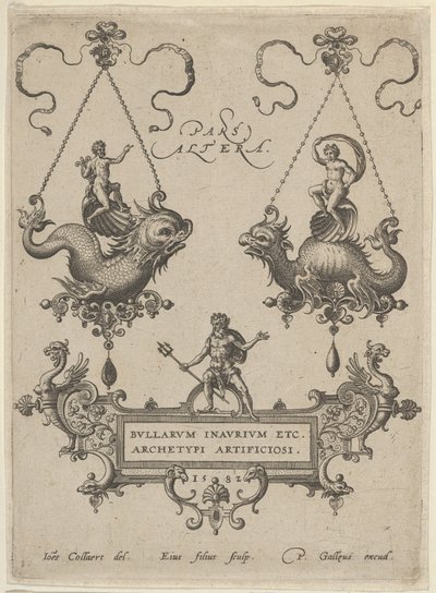 Titelplade med to vedhængsdesigner over og Neptun stående på en kartouche nedenfor, 1582. af Adriaen Collaert