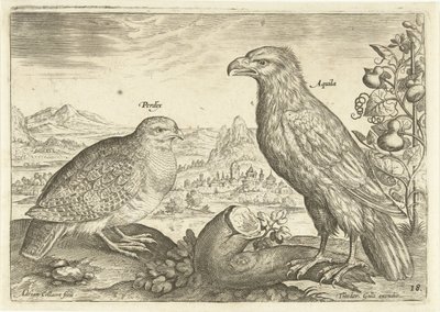 To fugle i et landskab Avium Vivae (serietitel) Fugle (serietitel) af Adriaen Collaert