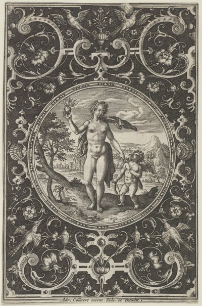Venus og Amor i en dekorativ ramme med grotesker, fra dommen i Paris..., c1580-1600. af Adriaen Collaert
