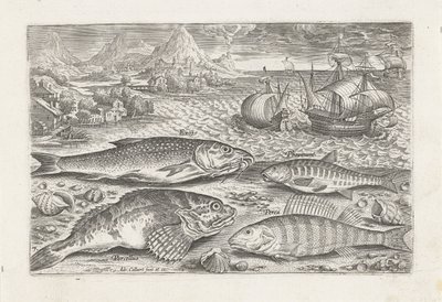 Fire fisk på stranden Fiskeri (serietitel) Piscium vivae-ikoner (serietitel) af Adriaen Collaert