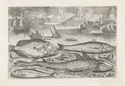 Fire fisk på stranden Fiskeri (serietitel) Piscium vivae-ikoner (serietitel) af Adriaen Collaert