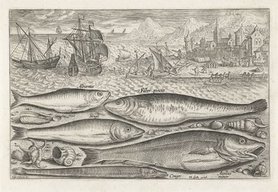 Fem fisk på stranden Fiskeri (serietitel) Piscium vivae-ikoner (serietitel) af Adriaen Collaert