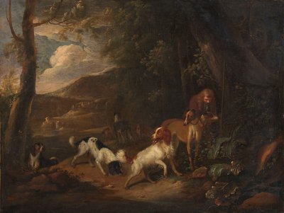 Jæger med hunde i udkanten af en skov af Adriaen Cornelisz Beeldemaker