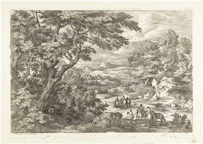 Landskab med jægere på vej hjem, et slot i det fjerne Landskaber med jægere (serietitel) af Adriaen Frans Boudewyns