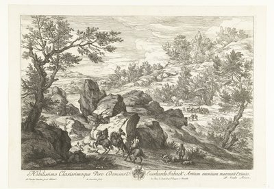 Landskab med ryttere ved et klippefremspring Landskaber med jægere (serietitel) af Adriaen Frans Boudewyns