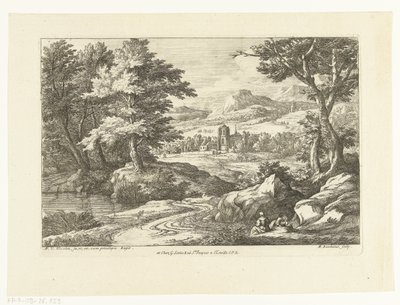 Landskab med to figurer langs en vej, en kirke i det fjerne af Adriaen Frans Boudewyns