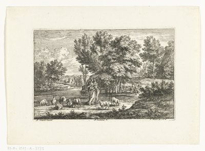 Landskab med to hyrdeinder ved et vand af Adriaen Frans Boudewyns