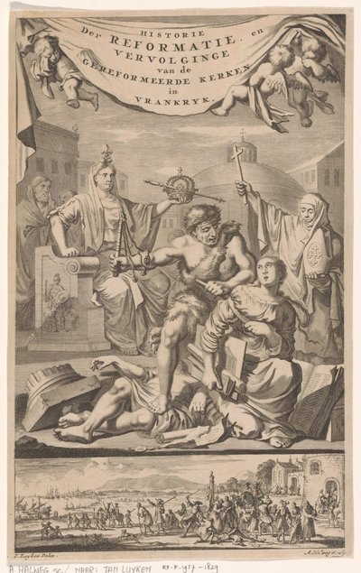 Fransk reformert kirke angrebet af mand med svøbe Titelside for: E. Benoist, History of the Reformed Churches of Vrankrijk, 1696 af Adriaen Haelwegh