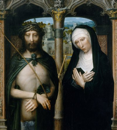 Kristus kronet med torne Ecce Homo, og den sørgende jomfru, ca. 1530-40. af Adriaen Isenbrandt