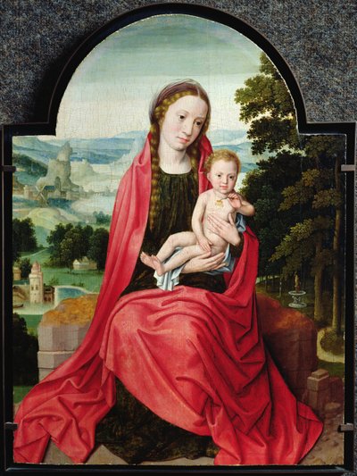 Jomfru med spædbarnet Kristus, der holder en stedmoderblomst af Adriaen Isenbrandt or Isenbrant