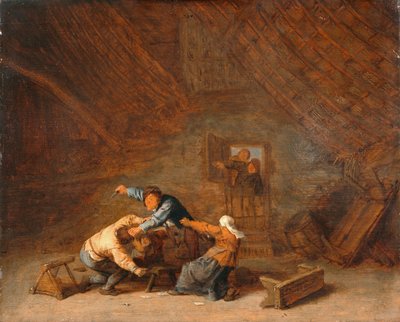 Interiør i en lade med to bønder i kamp af Adriaen Jansz. van (attr. to) Ostade