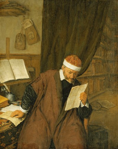 En advokat sidder ved et skrivebord og læser et brev, et bibliotek hinsides, 1668 af Adriaen Jansz. van Ostade