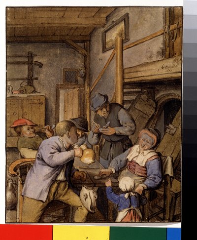 På kroen (I et værtshus). Bønder ryger og drikker ved bordet foran indgangen til en kælder. Maleri af Adriaen Jansz Van Ostade (1610-1685), ca. 1667. Hollandsk maleri. Blyant, pensel og akvarel på papir. Pushkin Museum, Moskva af Adriaen Jansz. van Ostade