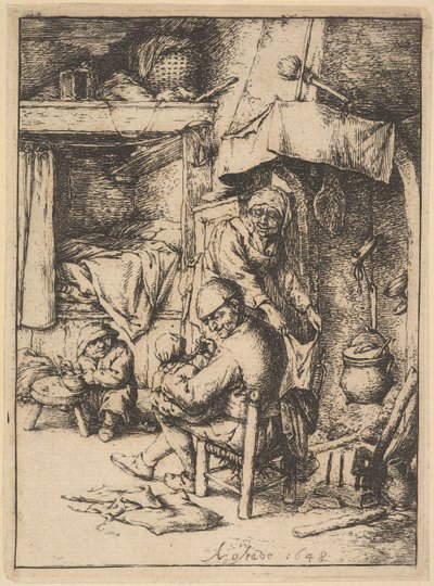 Familiens far giver bouillon til sin baby, 1610-85. af Adriaen Jansz. van Ostade