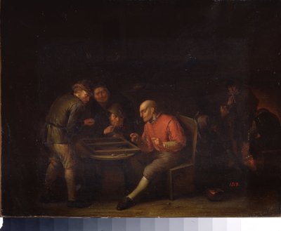 Flemings spiller terninger. (Flemings spiller terninger). Maleri af Adriaen Jansz van Ostade (1610-1685). hollandsk skole. Olie på lærred. Gatchina Palace Museum, Sankt Petersborg. af Adriaen Jansz. van Ostade