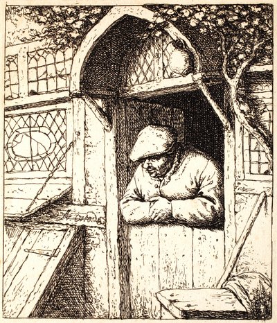 Mand, der læner sig op ad sin dør, ca. 1672 (radering) af Adriaen Jansz. van Ostade
