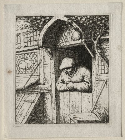Bonde læner sig ind i sin døråbning. af Adriaen Jansz. van Ostade