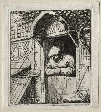 Bonde lænet sig op ad sin døråbning. af Adriaen Jansz. van Ostade