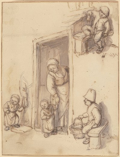 Studieark med en mor og hendes datter i hoveddøren, to drenge siddende. 1660