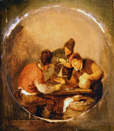 Three Boors drikker og ryger i et værtshus (olie på panel) af Adriaen Jansz. van Ostade