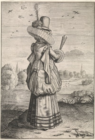 Adels- og Landskvinders Beklædning og Manerer Elegant dame fra hagedis Kleding og omgivelser af Nederlandse adellijke dames en boerinnen (serietitel) De ædle og rustne matroners adfærd og tilbedelse af Adriaen Matham (possibly)