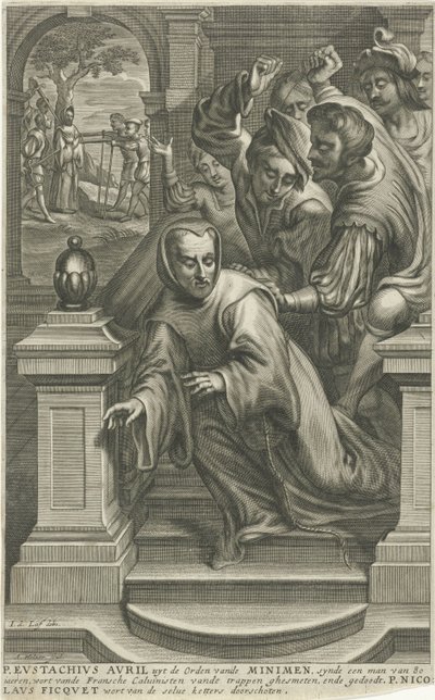 Eustachius Avril kastet ned ad trappen af ​​calvinister af Adriaen Millaert