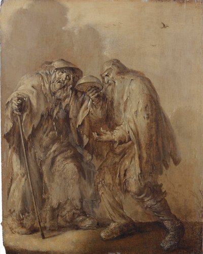 Et ældre tiggerpar holder en tom skål på hovedet; en brunaille (olie på panel) af Adriaen Pietersz. van de Venne