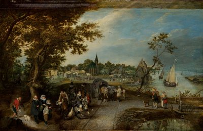 Landskab med figurer og en landsbymesse af Adriaen Pietersz van de Venne