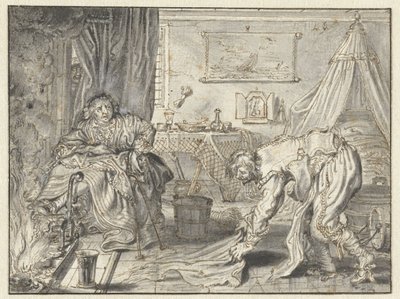 Mand, der renser gulvet, mens hans kone sidder ved ildstedet af Adriaen Pietersz van de Venne