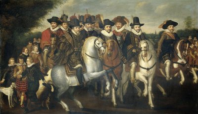 Prins Maurice ledsaget af sine to brødre, Frederik V, kurfyrst Pfalz og grever af Nassau til hest, ca. 1625 af Adriaen Pietersz van de Venne