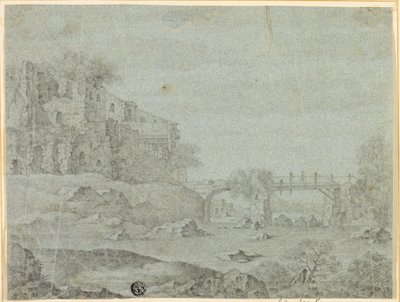 Ruiner med udsigt over flod og bro af Adriaen Pietersz. van de Venne