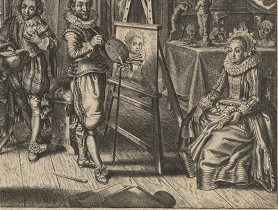Maler og kvindelig model i studie Houwelyck (serietitel) af Adriaen Pietersz van de Venne