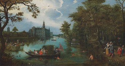 Sommerlandskab med bådelaug og badegæster af Adriaen Pietersz. van de Venne