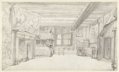 Udsigt over et rigt indrettet kammer med himmelseng af Adriaen Pietersz van de Venne