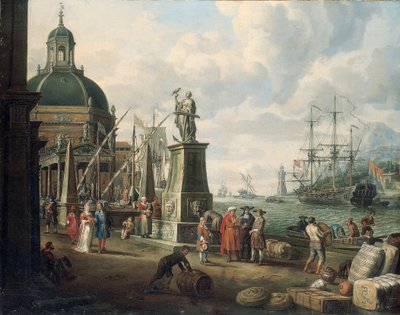 En capriccio af en middelhavshavn med købmænd, et elegant par på kajen, før en statue af håb og en barokkirke, et fyrtårn, en hollandsk krigsmand og anden skibsfart udenfor, 1700 af Adriaen Verdoel