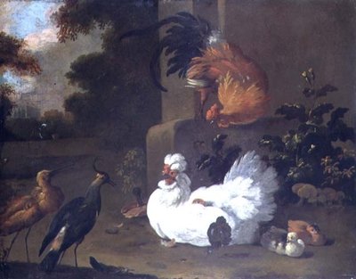 En Ruft, en Lapwing og kyllinger ved en monteringsblok af Adriaen van Oolen