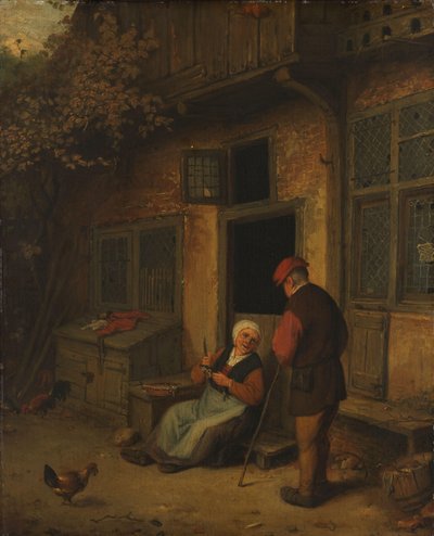 En kvinde, der renser sild foran sit hus af Adriaen van Ostade (copy after)