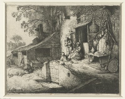 Spindende kvinde foran et hus Den snurrende kvinde ved døren af Adriaen van Ostade (signed by artist)