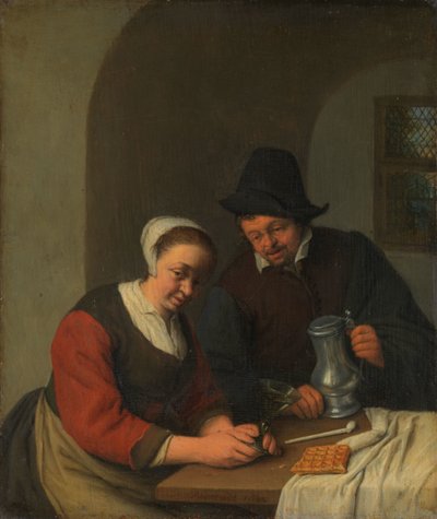 En fortrolig chat Et par i et interiør af Adriaen van Ostade