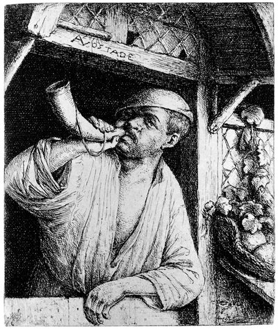 En bager, der blæser i sit horn af Adriaen van Ostade