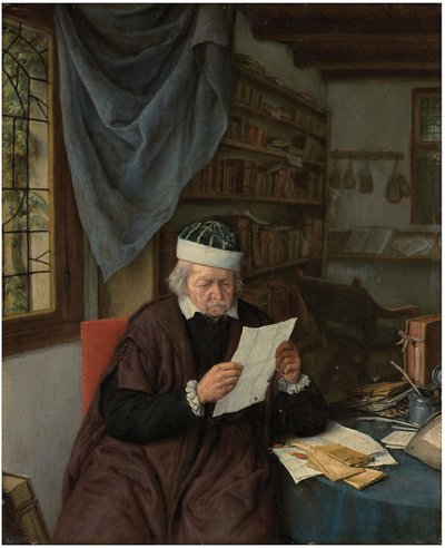 En advokat sidder ved et bord og læser et brev af Adriaen van Ostade